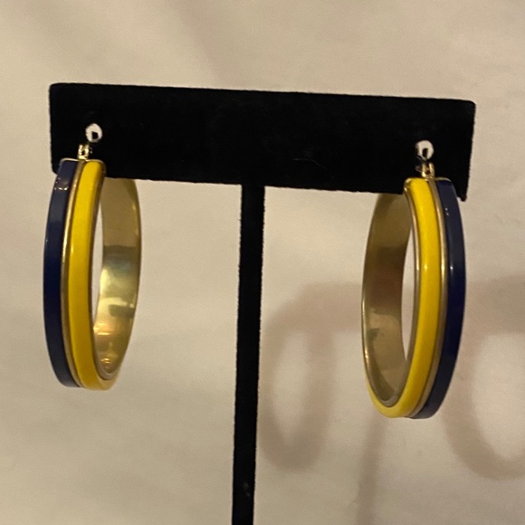 Gold W/Blue & Yellow Enamel 1.5" Hoop Earrings - Picture 1 of 6